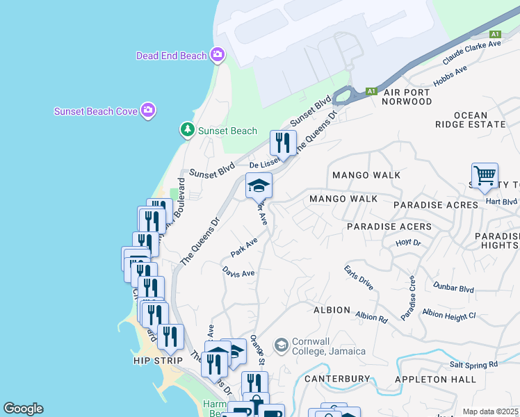 map of restaurants, bars, coffee shops, grocery stores, and more near Leader Avenue in Montego Bay