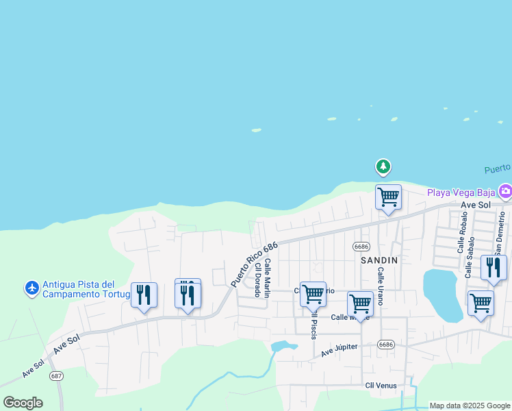 map of restaurants, bars, coffee shops, grocery stores, and more near in Vega Baja