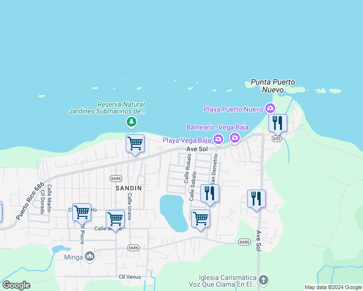 map of restaurants, bars, coffee shops, grocery stores, and more near Avenue Sol in Vega Baja