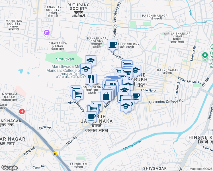 map of restaurants, bars, coffee shops, grocery stores, and more near Hingane Home Colony Road in Pune