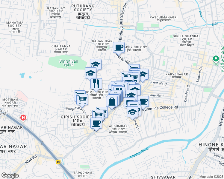 map of restaurants, bars, coffee shops, grocery stores, and more near Hingane Home Colony Road in Pune