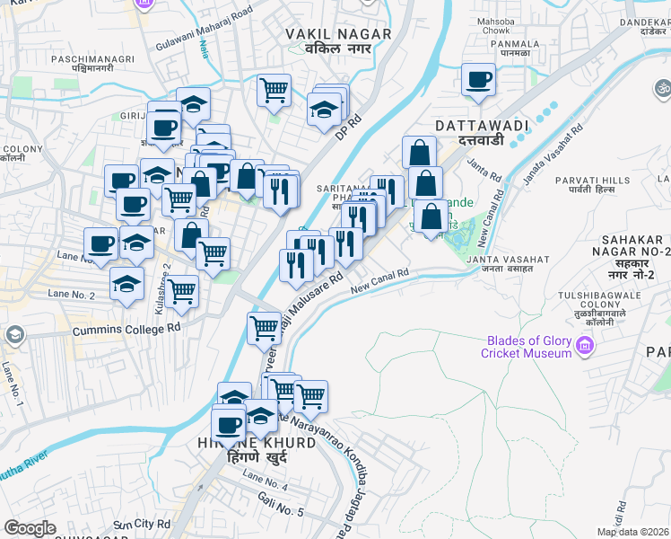 map of restaurants, bars, coffee shops, grocery stores, and more near Narveer Tanaji Malusare Road in Pune