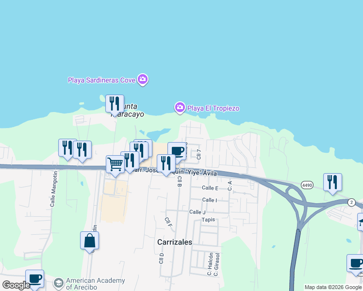 map of restaurants, bars, coffee shops, grocery stores, and more near Calle 3 in Hatillo