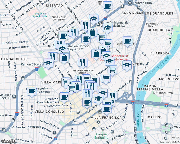 map of restaurants, bars, coffee shops, grocery stores, and more near Calle Yolanda Guzman in Santo Domingo