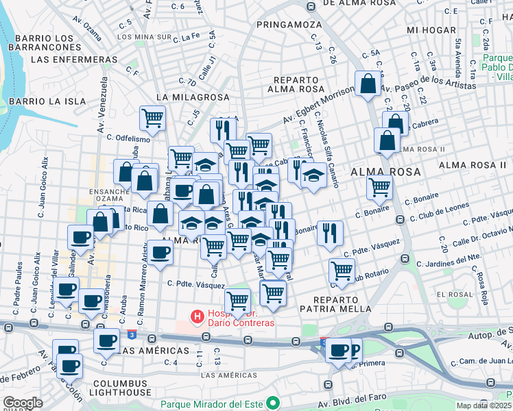 map of restaurants, bars, coffee shops, grocery stores, and more near Calle Costa Rica in Santo Domingo Este