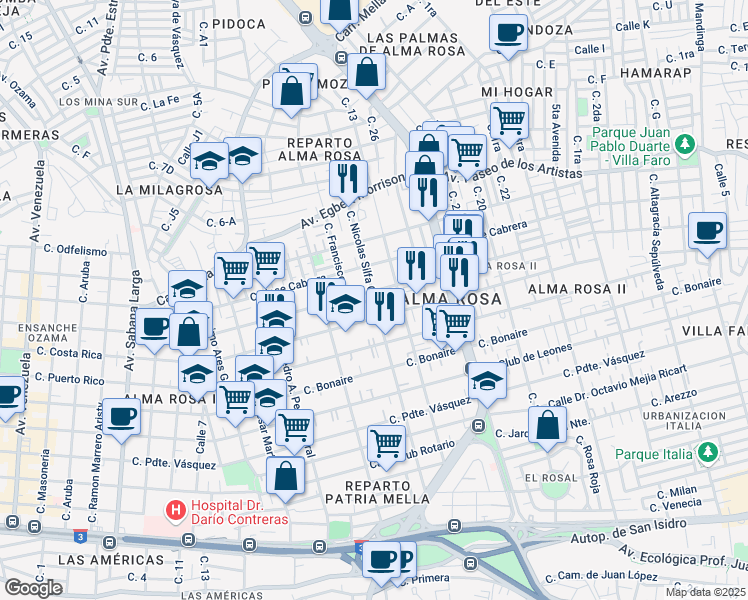 map of restaurants, bars, coffee shops, grocery stores, and more near Calle Nicolas Silfa Canario in Santo Domingo Este
