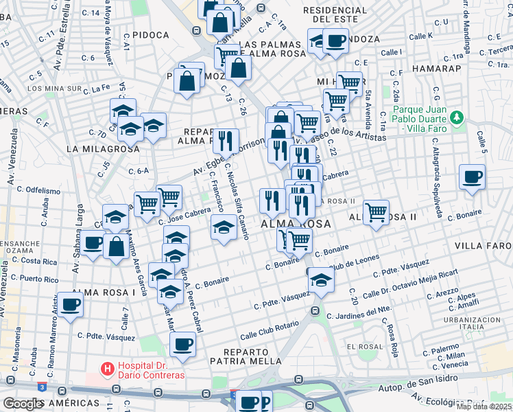map of restaurants, bars, coffee shops, grocery stores, and more near Calle Enrique Cotubanama Henriquez in Santo Domingo Este