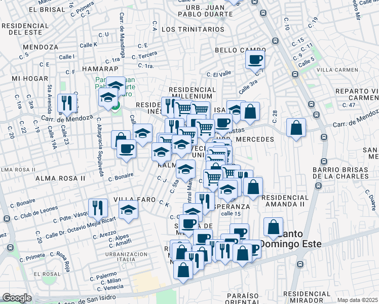 map of restaurants, bars, coffee shops, grocery stores, and more near Calle Higuey in Santo Domingo Este
