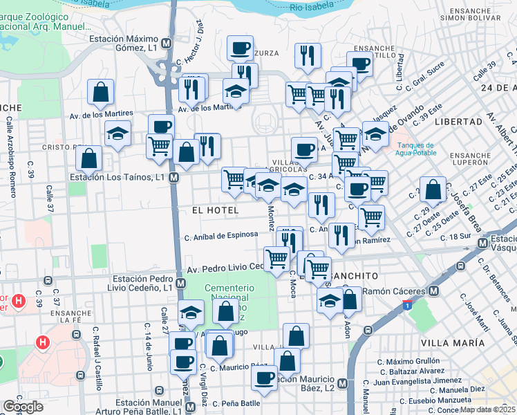 map of restaurants, bars, coffee shops, grocery stores, and more near Avenida Máximo Gómez in Santo Domingo