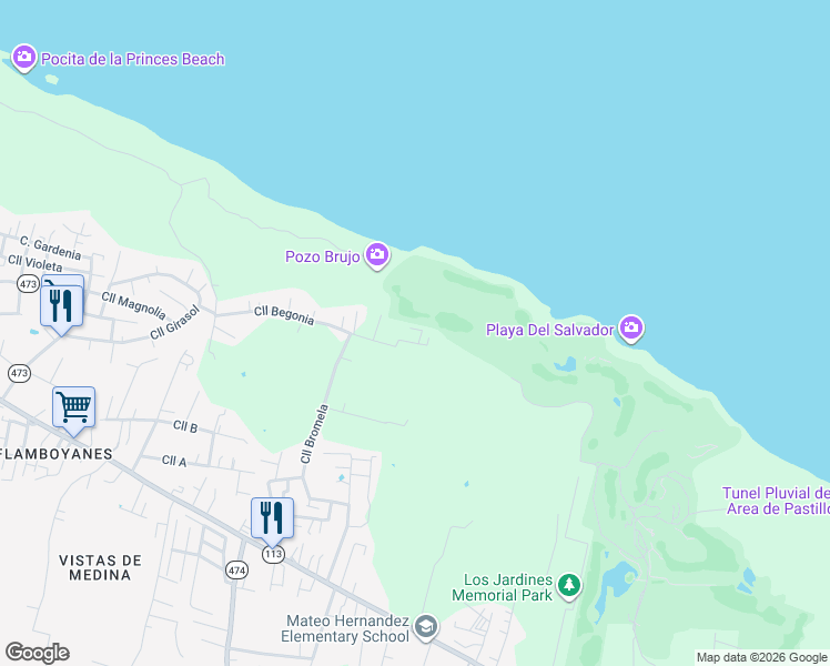 map of restaurants, bars, coffee shops, grocery stores, and more near Calle Begonia in Isabela