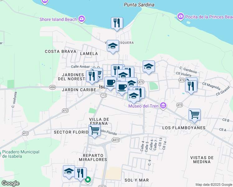 map of restaurants, bars, coffee shops, grocery stores, and more near 65 Calle Otero in Isabela
