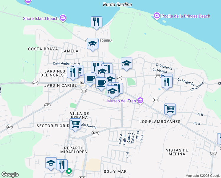 map of restaurants, bars, coffee shops, grocery stores, and more near Calle José Celso Barbosa in Isabela