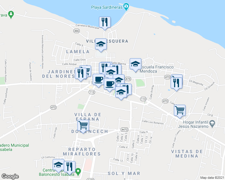 map of restaurants, bars, coffee shops, grocery stores, and more near 65 Calle Otero in Isabela
