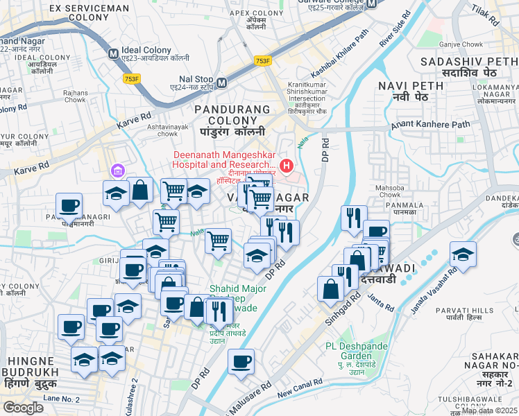 map of restaurants, bars, coffee shops, grocery stores, and more near Deenanath Mangeshkar Hospital Road in Pune