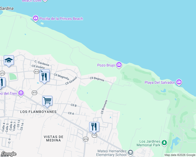 map of restaurants, bars, coffee shops, grocery stores, and more near Calle Begonia in Isabela