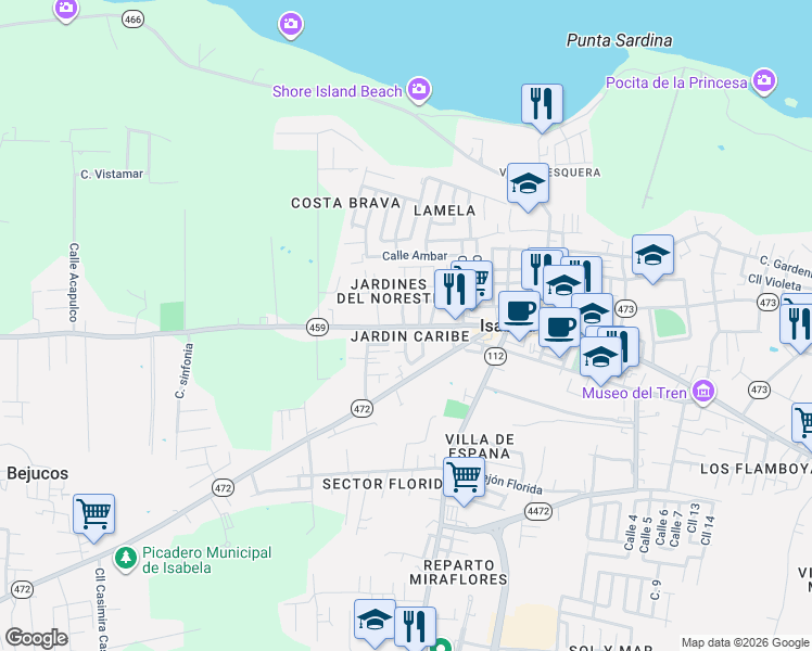 map of restaurants, bars, coffee shops, grocery stores, and more near 459 Calle Lamela in Isabela