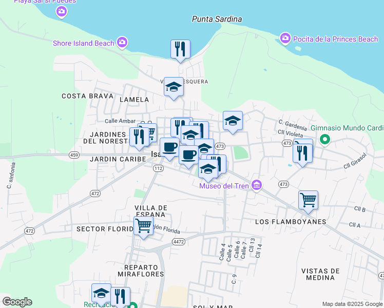 map of restaurants, bars, coffee shops, grocery stores, and more near Calle Jose Celso Barbosa in Isabela