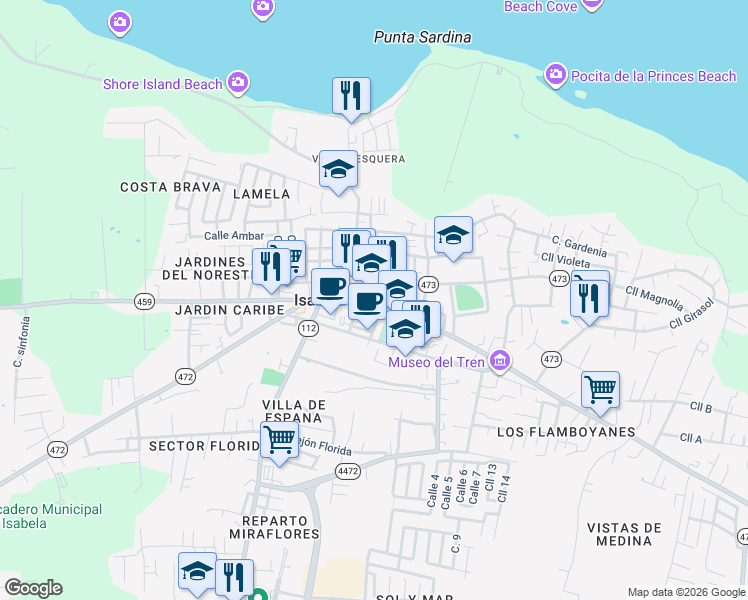 map of restaurants, bars, coffee shops, grocery stores, and more near 12 Calle José Celso Barbosa in Isabela