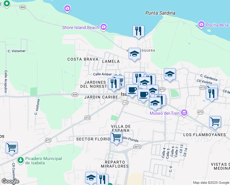 map of restaurants, bars, coffee shops, grocery stores, and more near 19 Calle 3 in Isabela