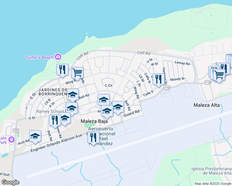 map of restaurants, bars, coffee shops, grocery stores, and more near Northeast Road in Maleza Baja