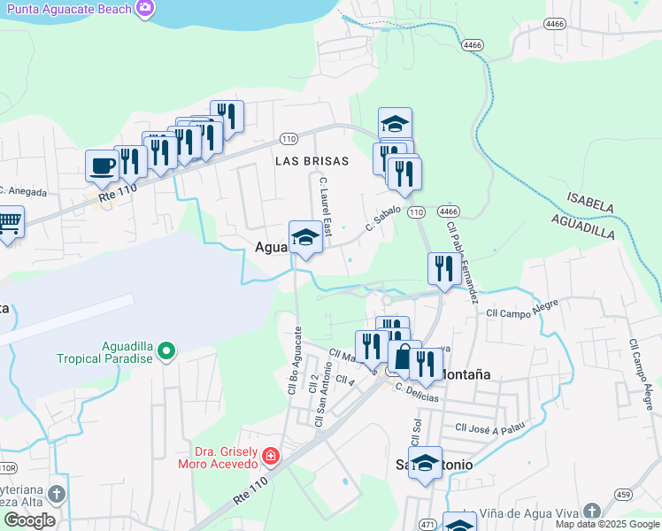 map of restaurants, bars, coffee shops, grocery stores, and more near Calle Bo Aguacate in Aguadilla