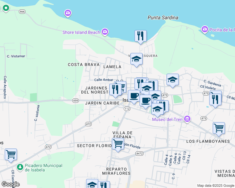 map of restaurants, bars, coffee shops, grocery stores, and more near 19 Calle 3 in Isabela