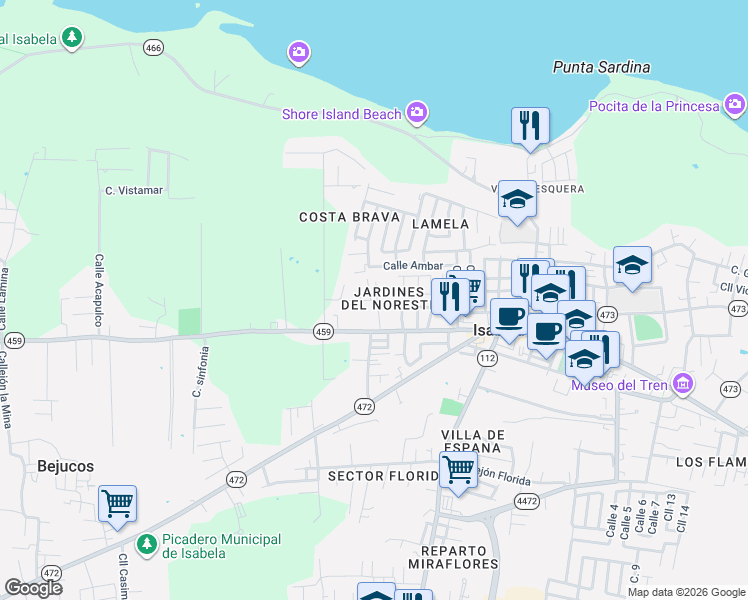 map of restaurants, bars, coffee shops, grocery stores, and more near Calle Triunfal in Isabela