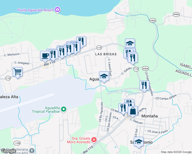 map of restaurants, bars, coffee shops, grocery stores, and more near in Aguacate, Aguadilla, Puerto Rico