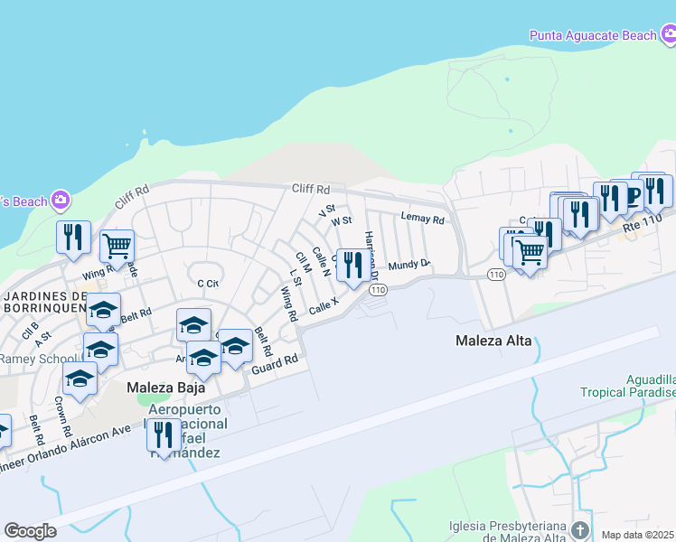 map of restaurants, bars, coffee shops, grocery stores, and more near 104 Calle North in Aguadilla