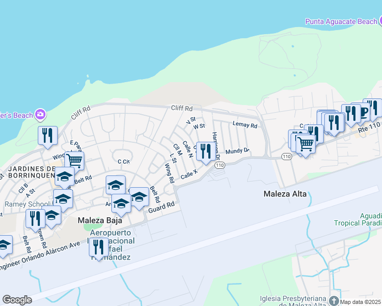 map of restaurants, bars, coffee shops, grocery stores, and more near 104 Calle North in Aguadilla