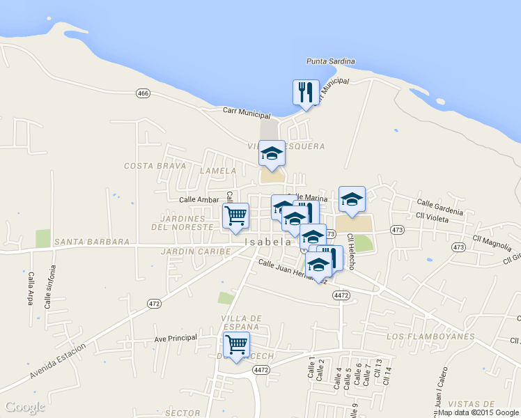 map of restaurants, bars, coffee shops, grocery stores, and more near 58 Calle Porvenir in Isabela