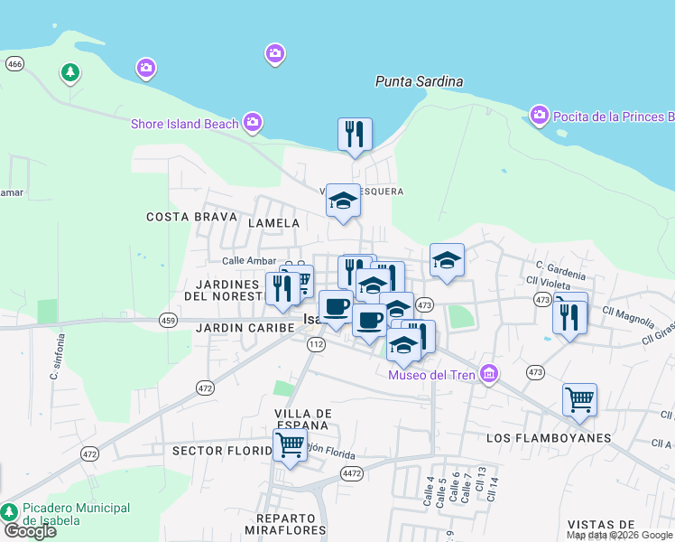 map of restaurants, bars, coffee shops, grocery stores, and more near 58-76 Calle East Padin Moya in Isabela