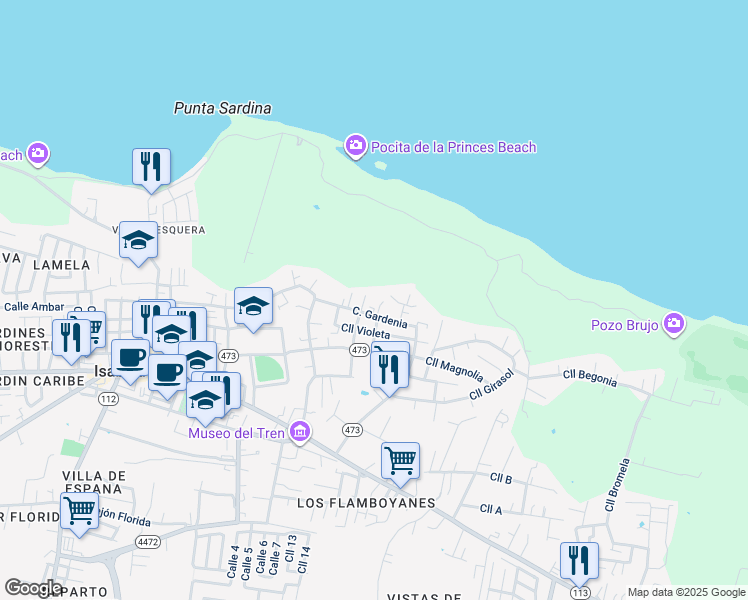 map of restaurants, bars, coffee shops, grocery stores, and more near 80 Calle Lirio in Isabela