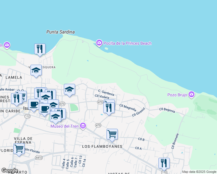 map of restaurants, bars, coffee shops, grocery stores, and more near 80 Calle Lirio in Isabela