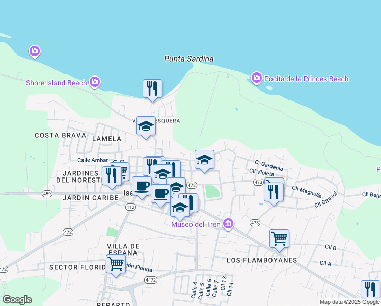 map of restaurants, bars, coffee shops, grocery stores, and more near Calle José Celso Barbosa in Isabela