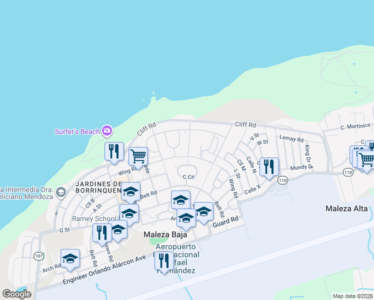 map of restaurants, bars, coffee shops, grocery stores, and more near 150-226 6th Street in Aguadilla Pueblo