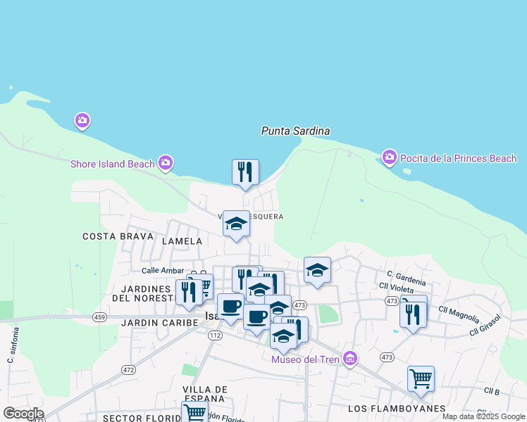 map of restaurants, bars, coffee shops, grocery stores, and more near Calle Antonio Nieves in Isabela