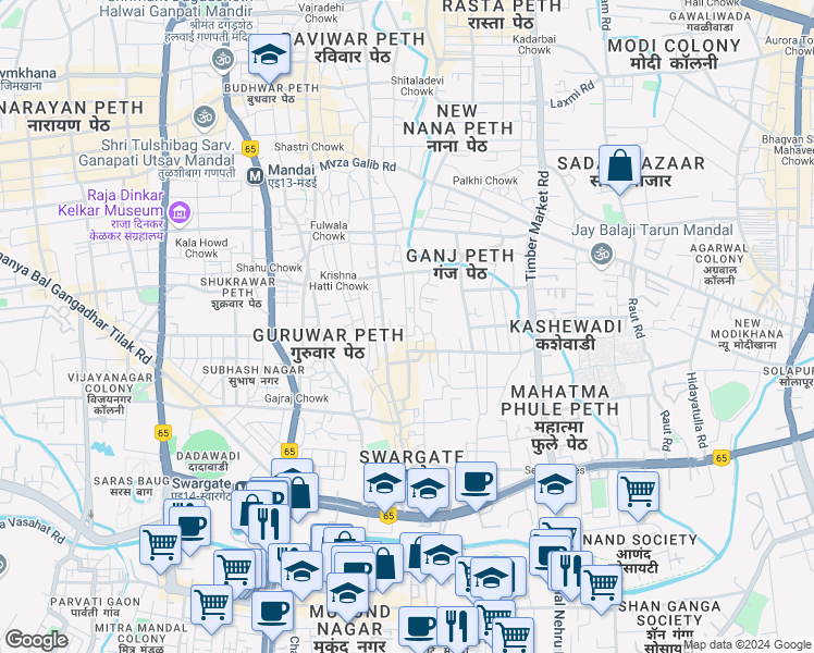 map of restaurants, bars, coffee shops, grocery stores, and more near Savitribai Phule Road in Pune