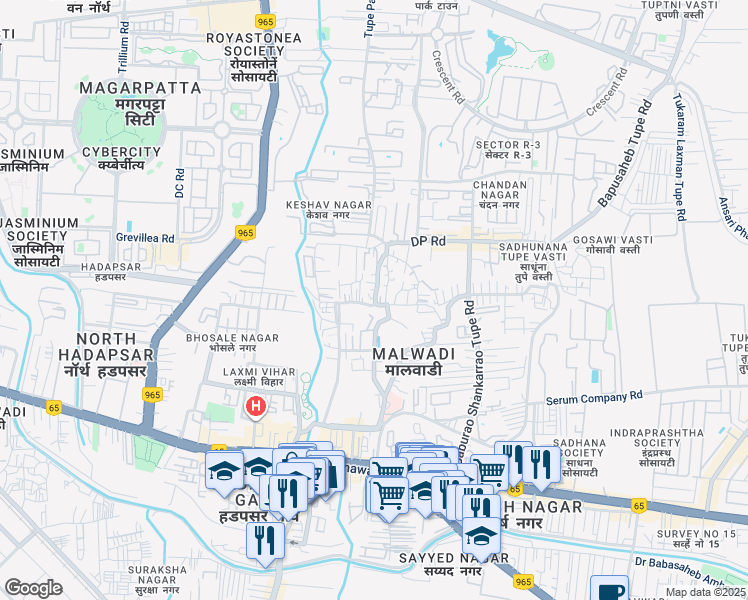 map of restaurants, bars, coffee shops, grocery stores, and more near Malwadi Road in Pune