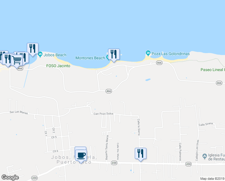 map of restaurants, bars, coffee shops, grocery stores, and more near Puerto Rico 466 in Isabela