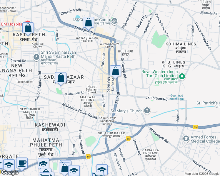 map of restaurants, bars, coffee shops, grocery stores, and more near 80 Mahatma Gandhi Road in Pune