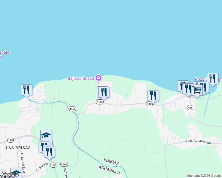 map of restaurants, bars, coffee shops, grocery stores, and more near Puerto Rico 4466 in Bajura