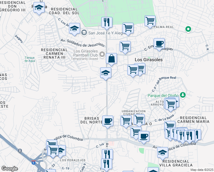 map of restaurants, bars, coffee shops, grocery stores, and more near Avenida Monumental in Santo Domingo