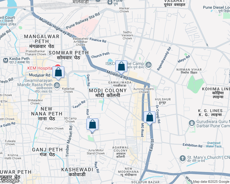 map of restaurants, bars, coffee shops, grocery stores, and more near Synagogue Street in Pune