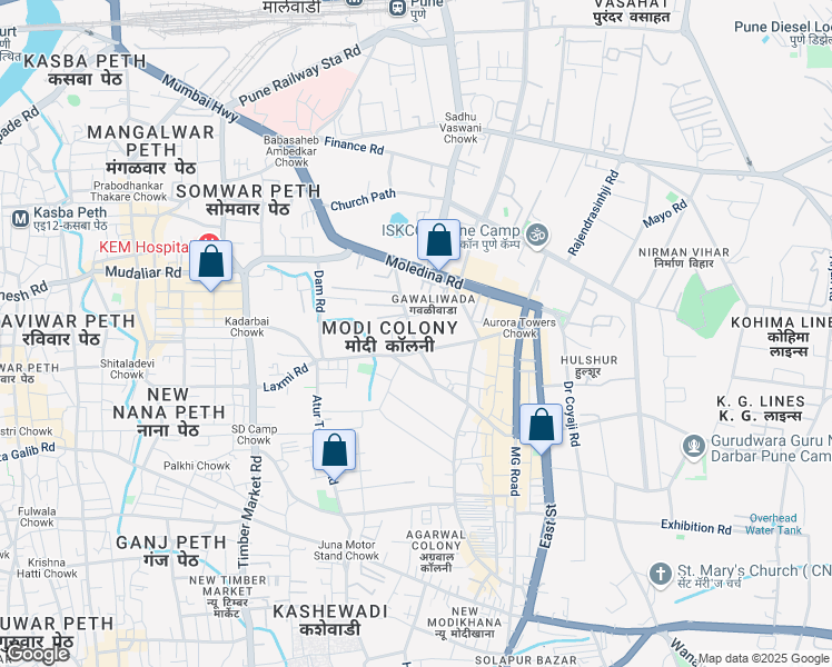 map of restaurants, bars, coffee shops, grocery stores, and more near Synagogue Street in Pune