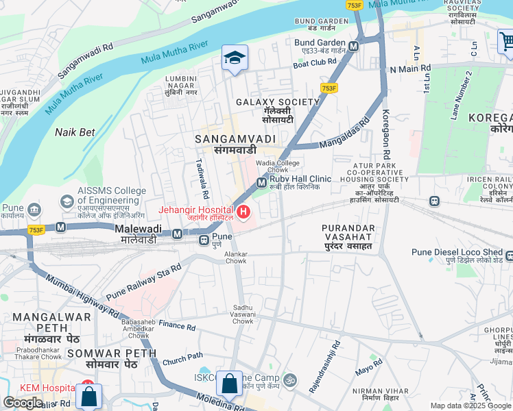 map of restaurants, bars, coffee shops, grocery stores, and more near 19 Bund Garden Road in Pune