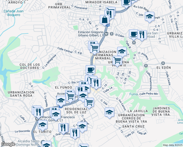 map of restaurants, bars, coffee shops, grocery stores, and more near Avenida Hermanas Mirabal in Santo Domingo Norte