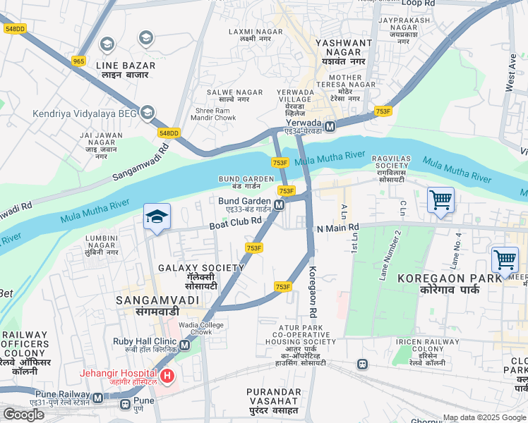 map of restaurants, bars, coffee shops, grocery stores, and more near Boat Club Road in Pune