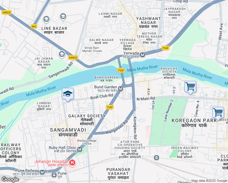 map of restaurants, bars, coffee shops, grocery stores, and more near Boat Club Road in Pune