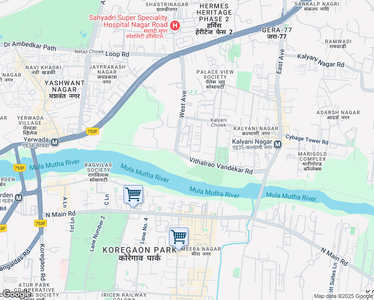 map of restaurants, bars, coffee shops, grocery stores, and more near 25a West Avenue in Pune